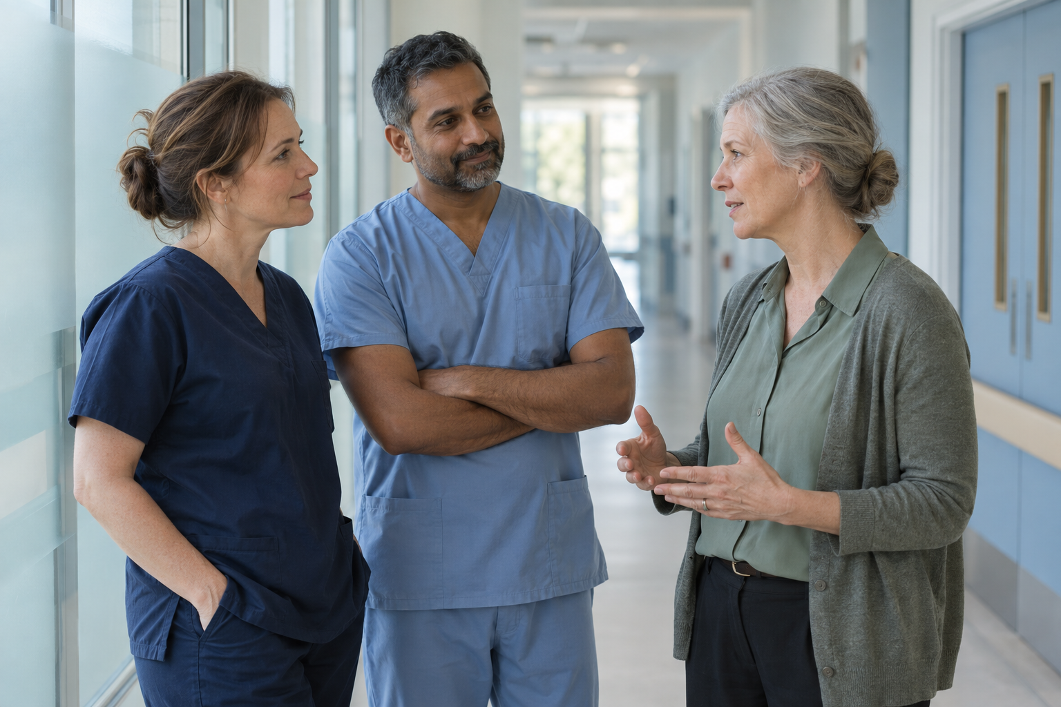 Illustrative photograph of three healthcare professionals talking in a hospital corridor