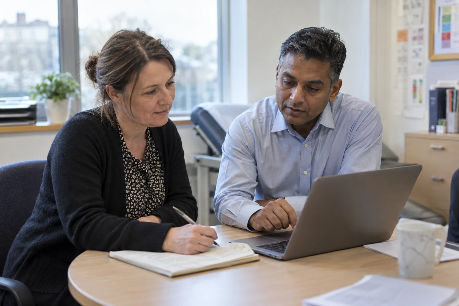 Illustrative image of two clinicians reviewing information together