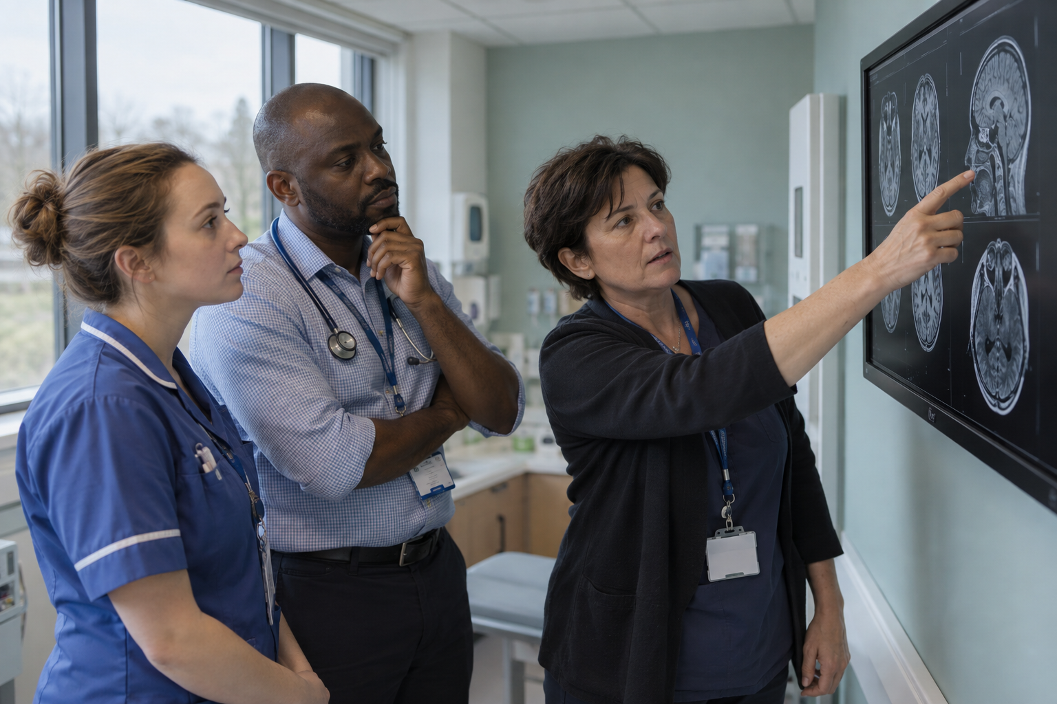 Illustrative image of three clinicians reviewing scans together